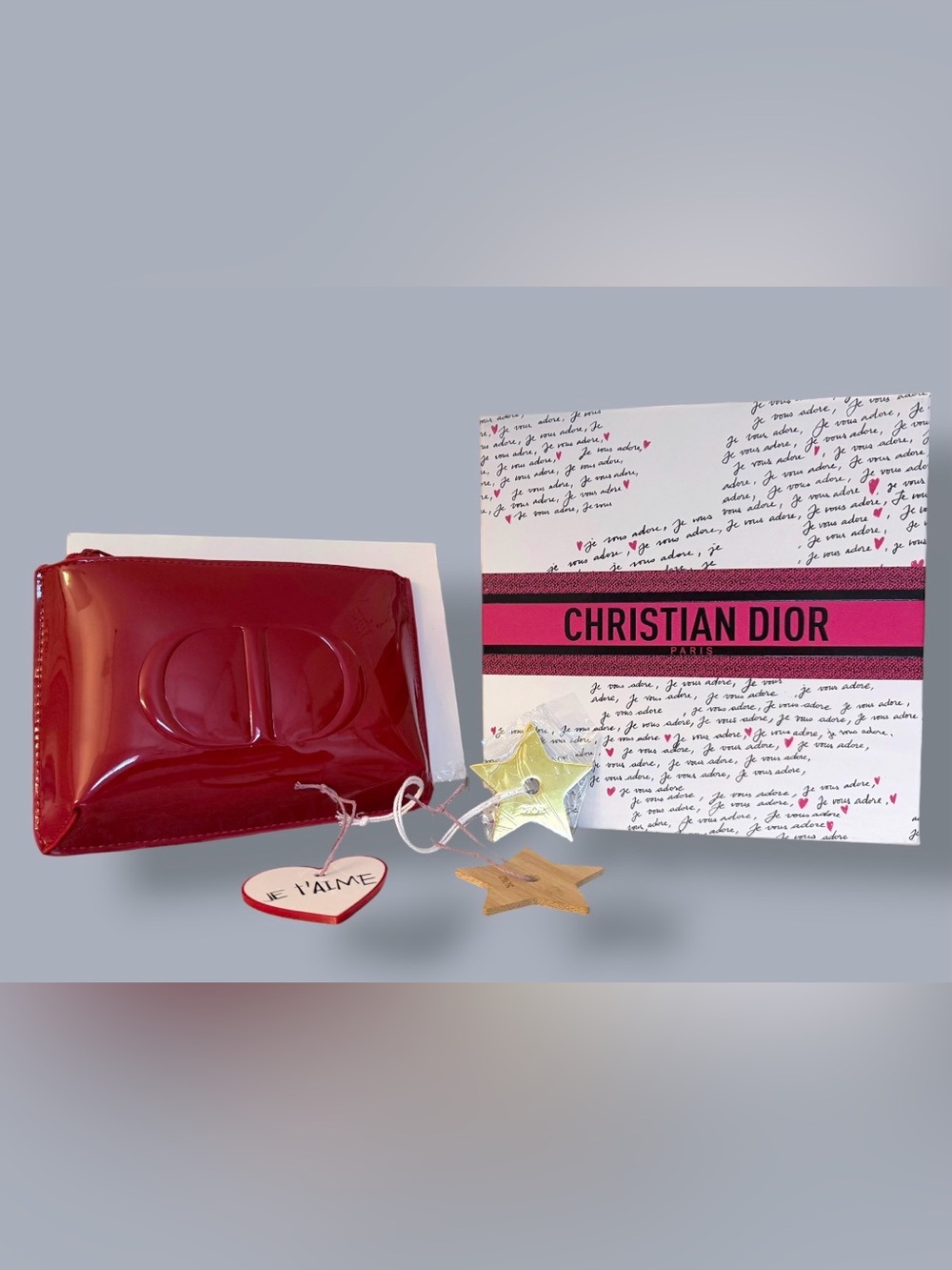 Dior Beauty Red Patent Cosmetic Pouch + Je T’aime gift box & Dior Ornaments